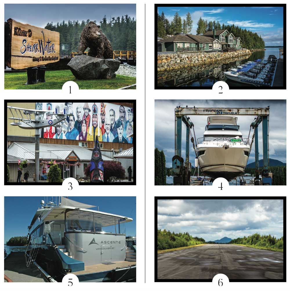 1–2. Shearwater has long been a premier destination for both anglers and boaters. 3. the mural on the old RCAF hangar. 4. the marina has a full range of services. 5. Catching up with old friends is one of the perks of visiting a place like this. 6. this paved airstrip provides access to aviators as well.