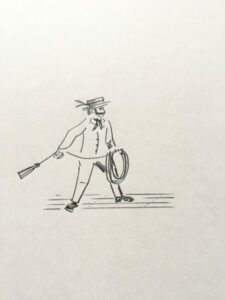 Drawing of man holding a rope with a metal tip